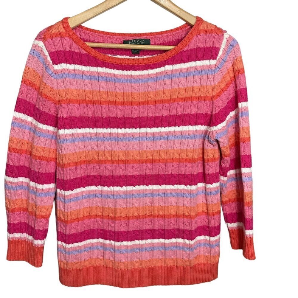 Lauren Ralph Lauren Sweater Striped 3/4 Sleeve Pink‎ Orange Blue Women's Size L